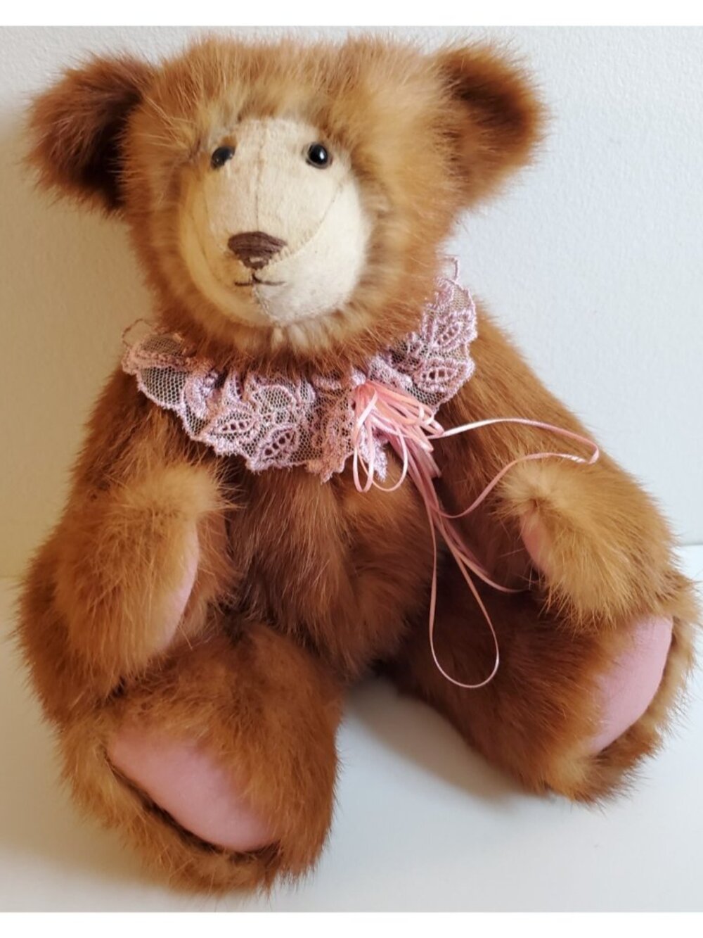 Sue's Crafts Artist Teddy Bear Pink Lace Jointed Handmade Plush Canadian Vintage